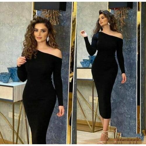 Elegant Bodycon Stretchy Long Sleeve Prom Dresses Short Zipper Back Tea Length Black Robe De Soiree Formal Party Gown