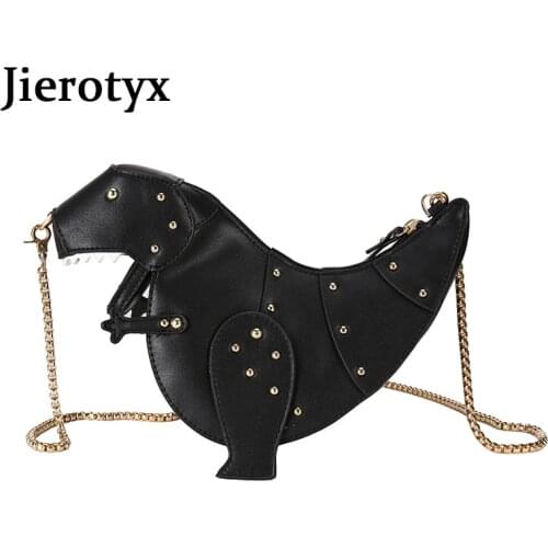 JIEROTYX Fashion Rivet Personality Dinosaur Design Leather Crossbody Mini Messenger Bag Women Chain Punk Purse Female Shoulder