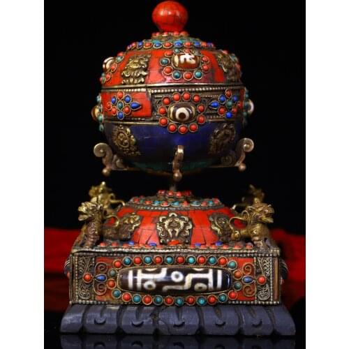 7"Tibet Temple Collection Old Bronze mosaic Red turquoise gem Dzi Bead Prayer wheel Unicorn statue pagoda Chanting Town House