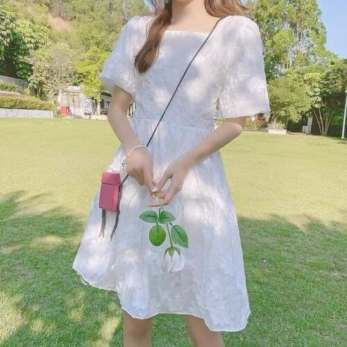 Summer Kawaii Sweet White Dress Vintage Elegant Cute Bow Lace-up Short-sleeved Korean Clothing High Street One-piece Fairy Dress