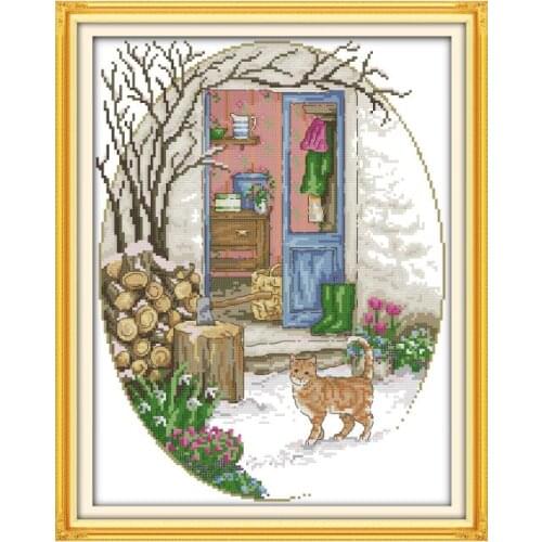 Cat In Front of The Door Cross Stitch Kits Counted Patterns Fabric 11CT 14CT Painting Stamped Canvas Decor Embroidery Needlework