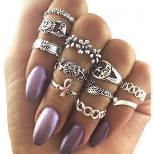 Boho Finger Rings Set for Women Punk Vintage Hollow Out Sliver Color Sun Flower Plane Knuckle Rings Jewelry Accessories Gifts