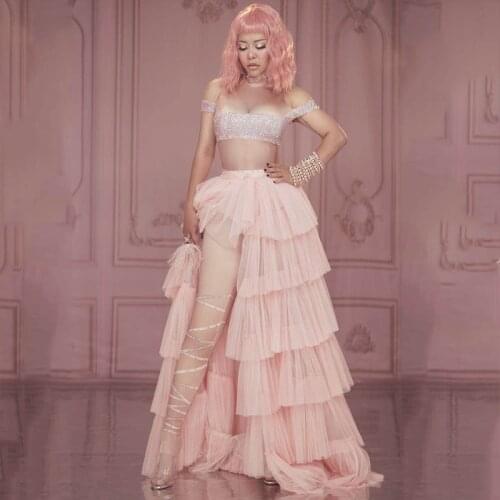 Nightclub Female Singer Costume Pink Party Dress Grand Fluffy Skirt Tail Rhinestone Bodysuit Drag Queen Stage Costumes vdb2286