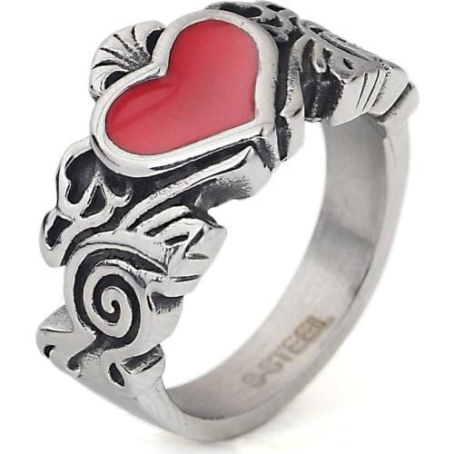 Charming Heart Red Ring Fashion Men Wedding Jewelry Antique Silver Color Stainless Steel Filled Engagement Rings Bijoux Male