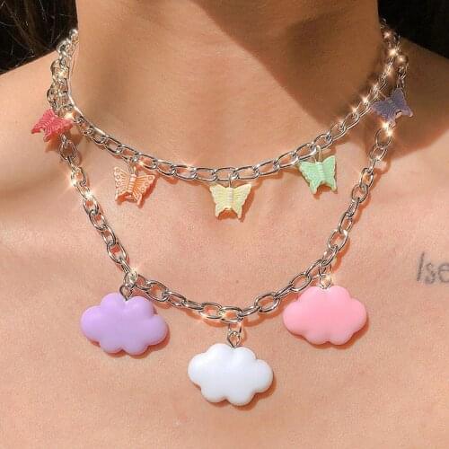 INS Colorized Butterfly Cloud Necklace European and American Retro Homemade Same Style 90S Cool Girl Butterfly Clavicle Chain