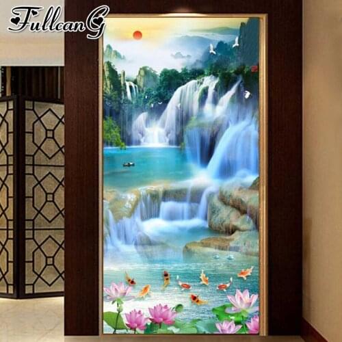 FULLCANG Landscape waterfall lotus fish large 5d diamond painting diy full square round drill mosaic embroidery sale FC2436