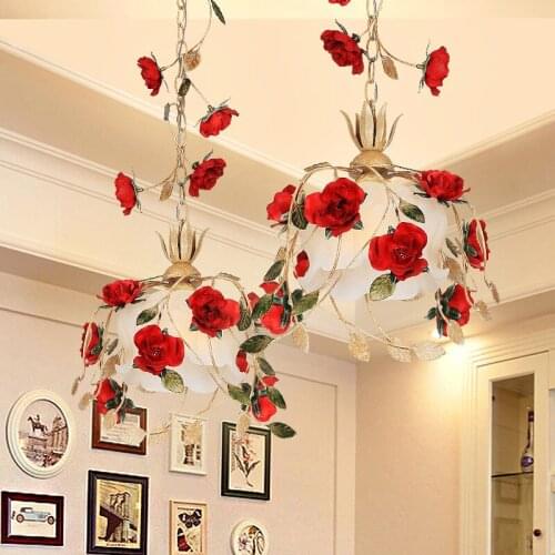 Rustic Rural French Restaurant Decoration Bar Lamp Red Rose Flower Led Pendant Light Kitchen Modern Staircase Balcony Hallway ZM