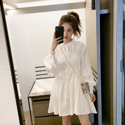 2020 Chic Solid Shirts Long Lantern Sleeve Stand Solid Blouse Shirts Oversize Blouse Streetwear Maxi Boyfriends Chemisier S112