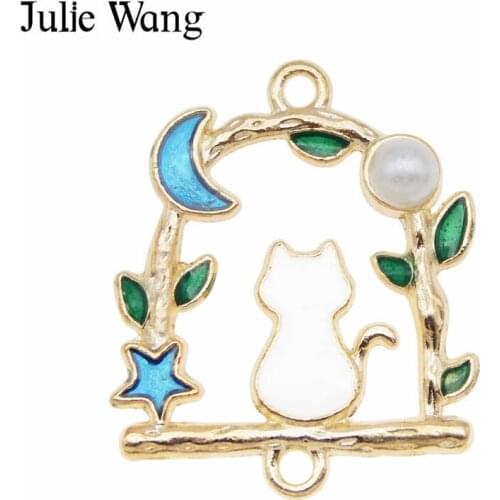 Julie Wang 2/4/6/8PCS Enamel Cat Connector Gold Tone Star Moon Branch Necklace Pendant Findings Jewelry Making Metal Accessory