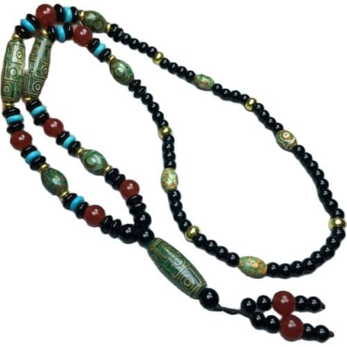 Tibetan old agate Three Eyes Nine Eyes Green Dzi Bead pendant Necklace