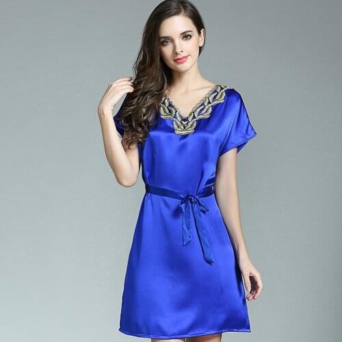 Women 100% Silk Elegant Lace Ladies Silk Nightdress Short Sleeve Silk Nightdress 2020 New Spring SummerNightgown