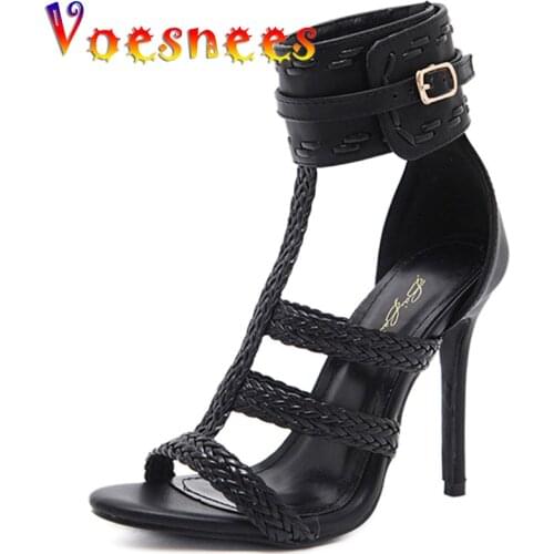 Braided T-shaped Belt Women High Heels Summer Sandals Cover Heel Buckle Stiletto Heels 11cm Sexy Open Toe Pointed Party Shoes