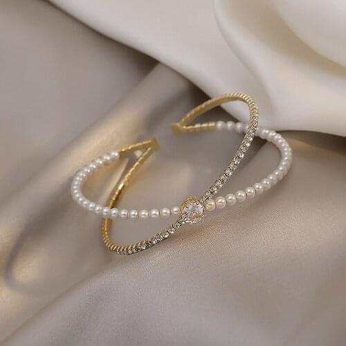 Origin Summer Charming Shiny Rhinestone Crossed Cuff Bangles for Women Gold Color Metal Faux Pearls Hollow Layered Bangle Gifts