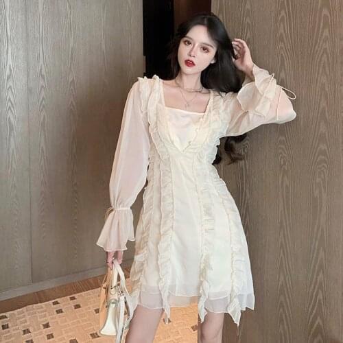 Korean Summer Dress women Ruffle Solid Color Square Collar Sweet Short Dress Female Casual Long Sleeve Retro vestido de mujer