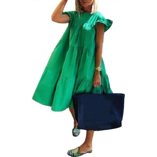 Women Casual Solid Color O Neck Ruffled Short Sleeve Large Hem A Line Midi Dress