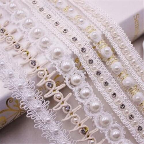 1 Yards White Pearl Beaded Lace Trim Tape Lace Ribbon African Lace Fabric Collar Dress Sewing Garment Headdress Materials