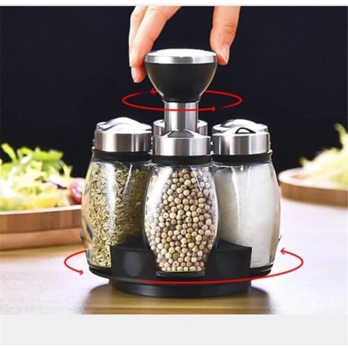 10pcs/lot Household kitchen glass seasoning can rotating seasoning box set stainless steel seasoning bottle 6 seasoning boxes