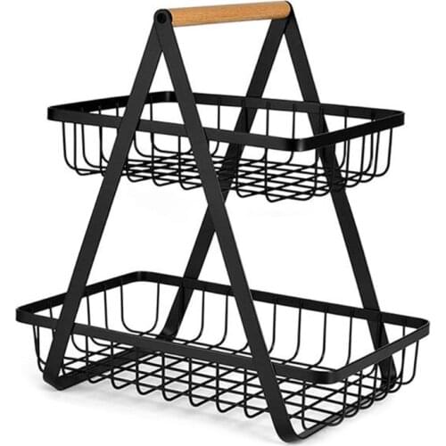 2-Tier Metal Fruit Basket Portable Kitchen Storage Shelf Rack for Vegetables