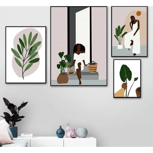 Abstract Boho Black Woman Sun Leaf Nordic Posters And Prints Wall Art Canvas Painting Girl Wall Pictures For Living Room Decor