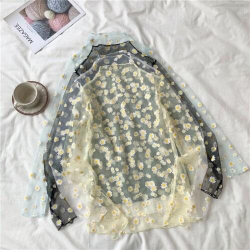 Summer Autumn Women Casual Mesh Pattern Daisy Flower Printed Blouse Tops Girls Mesh Shirts See Through Shirt For Female