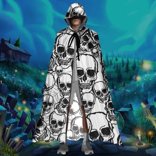 Black Skull Pattern Hooded Cloak Adult Hooded Halloween Christmas Cloak Vampire Witch Long Cape Cosplay Costume Gothic Clothing