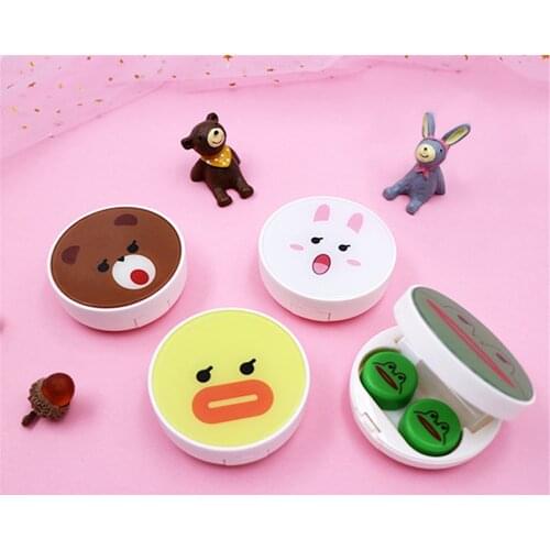 Cartoon Round Contact Lens Cases with Mirror Cute Animal Contact Lens Box Women Girls Travel Contact Lenses Kit Container Case