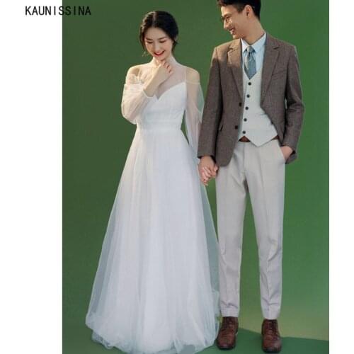 KAUNISSINA A Line Long Sleeve Bridal Dresses High Neck Simple Wedding Dress Tulle Floor-Length Bride Marriage Vestido De Novia
