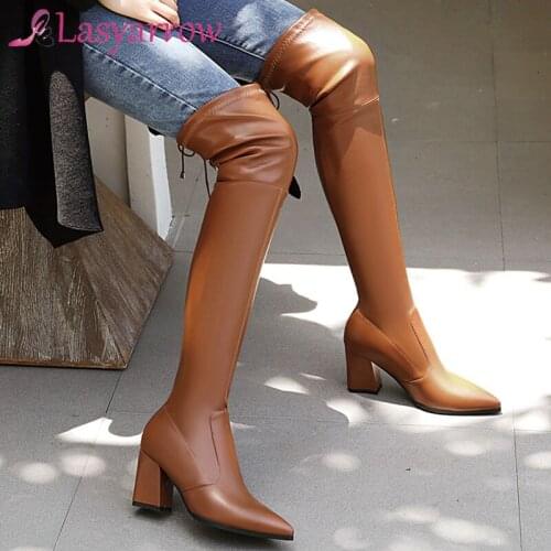 Lasyarrow Autumn 2020 Over The Knee Silver Black Boots Top Lace Up Pointed Toe Block High Heels Shoes Thigh High Overknee Boots