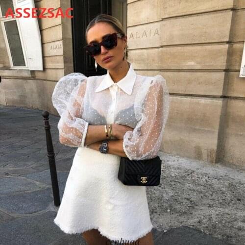 ASSEZSAC Fashion Women Chiffon Blouse Shirt Sexy Transparent Mesh Beading Puff Sleeve Female Office Shirts Lady Blusa Outfits