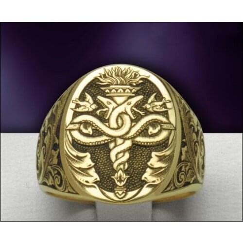 Fashion Men Double snake Badge Shield Ring 18K Gold High-end Noble Jewelry Gentleman Print Tail Ring Groom Wedding Ring Sz 6-13
