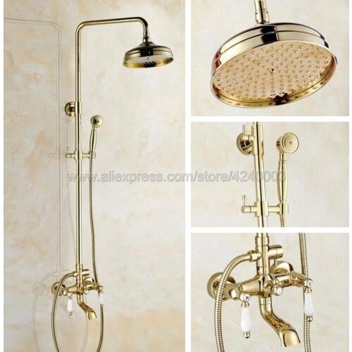 Gold Polished Shower Faucets Set Brass Rainfall Shower Mixer Tap Swivel Tub Spout Bathroom Shower Faucet Kgf361