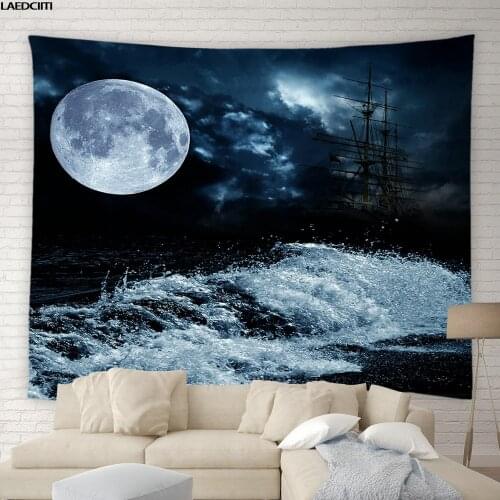 Psychedelic Night Landscape Tapestry Moon Ocean Natural Scenery Background Wall Hanging Hotel Living Room Bedroom Big Tablecloth