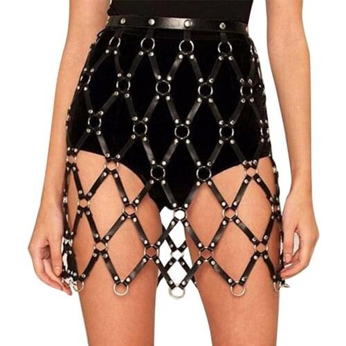Rave Sexy Goth Leather Body Harness Cage Skirt Hollow Out Buttocks Bondage PU Belt Patchwork Mesh Metal Ring High Waist Skirt