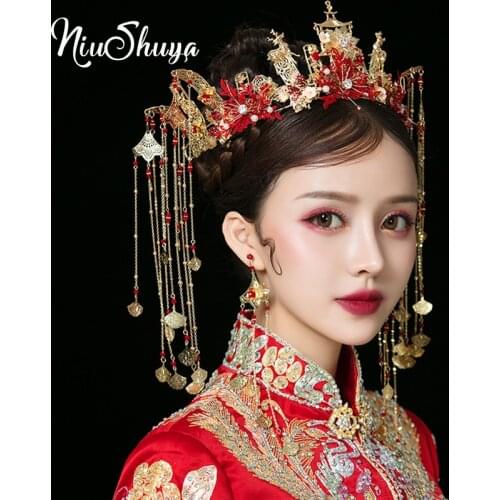 NiuShuya Red Gold Traditional Chinese Style Wedding Hair Accessories Luxury Headpiece Bridal Headband Gold Hair House Hair Crown