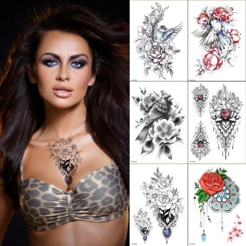 Rose Jewelry Water Transfer Tattoo Stickers Women Body Art 6pcs/lot Temporary Tattoo Girl Back Breast Tatoos Flower wholesale