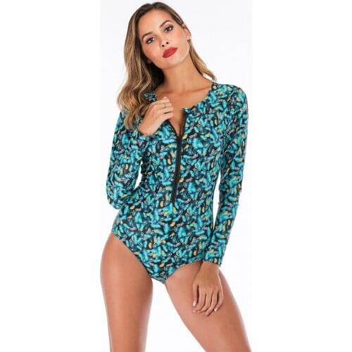 Sexy One piece Swimsuit Swimming Suit For Women Front Zipper Flower Printed Surfing Swim Suits Push Up Monokini Bathing Suits