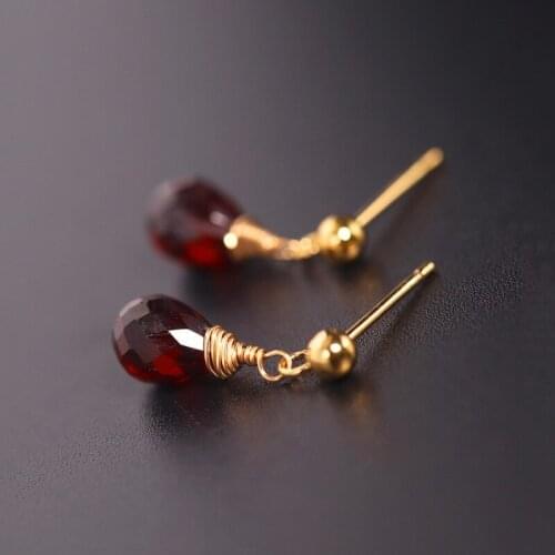 DAIMI 5-6mm Faceted Drop Garnet Earrings Natural Gemstones 14k Gold Filled Short Earrings For Women
