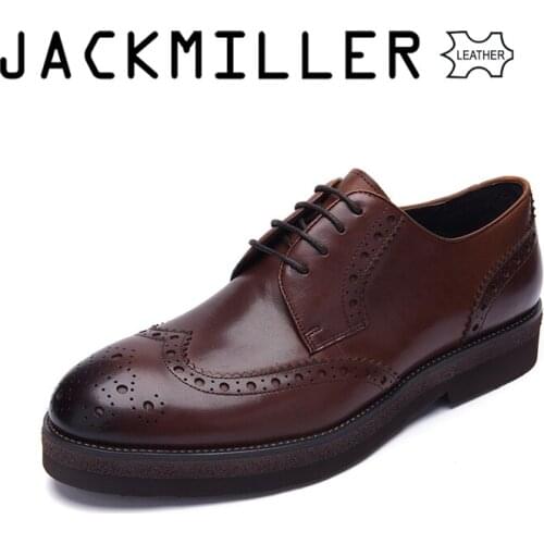 Jackmiller Cow Leather Shoes Mens Oxfords Pigskin Lining Gentle Man Formal Shoe Lace-Up Mens Dress Shoe Light Brown size 40-44