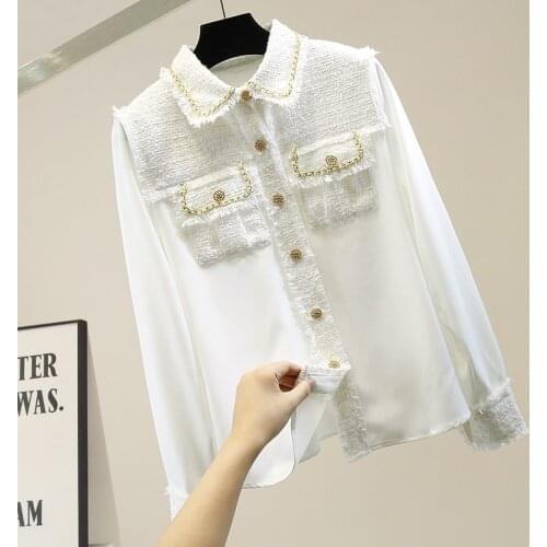 JSXDHK 2020 New Runway Designer Autumn Shirt Top Fashion Women Tweed Patchwork Chiffon Gold Single Breasted Tassel Weave Blouses