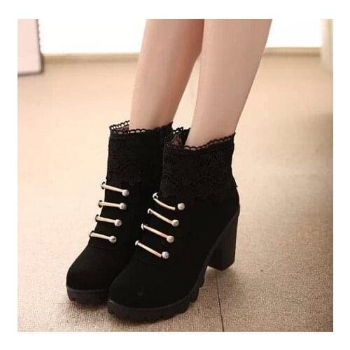 2018Winter New Women Boots Fashion PU Leather Round Toe Ankle Boots Sexy Lace Ladies High Heels Platform Shoes Woman Size 35-40