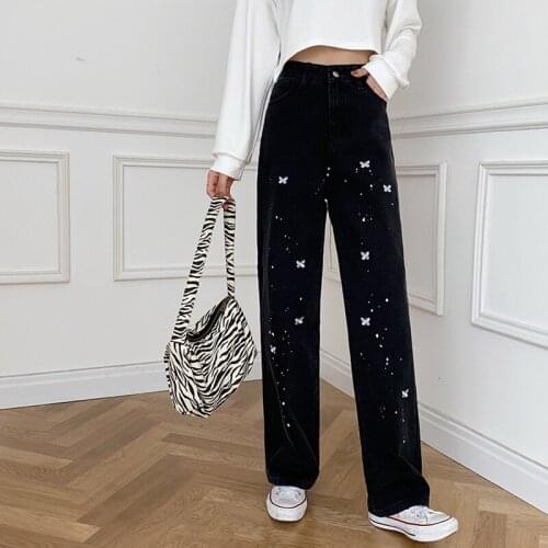 2021 New High Waist Black Womens Jeans Y2K Streetwear Vintage Butterfly Embroidery Straight Pants Baggy Wide Leg Denim Trouser