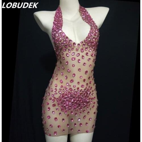 Women Sexy Pink Rhinestones Transparent Mesh Short Dress Dancer Prom Backless V-neck Backless Halter Evening Birthday Costume
