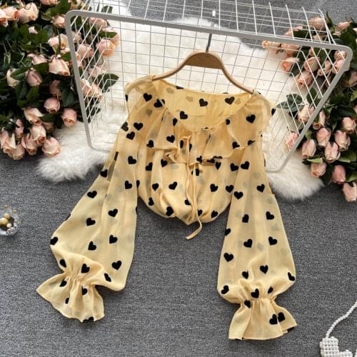 Chiffon top womens design sense niche hollow strapless puff sleeves age reduction sweet love printing all-match holiday shirt