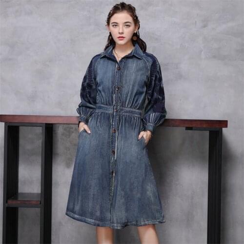 Women‘s Single Breasted Denim Dress 2020 Womens Slim Dresses Turn-down Collar Dress Embroidery Long Sleeve Vintage Vestidos