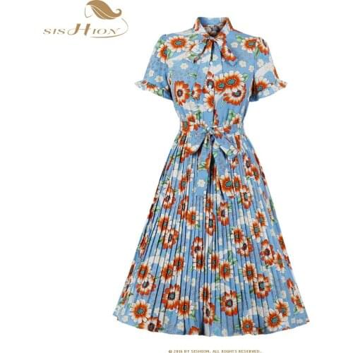 SISHION 2021 New Casual Women Summer Floral Dress Vestidos Robe Femme VD2071 Short Sleeve Pleated Maxi Midi Dresses