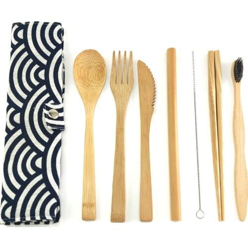 7Pcs/Set Bamboo Utensils travel Cutlery Set Eco-Friendly Wooden Outdoor Portable Utensils Zero Waste Reusable Bamboo Cutlery Set