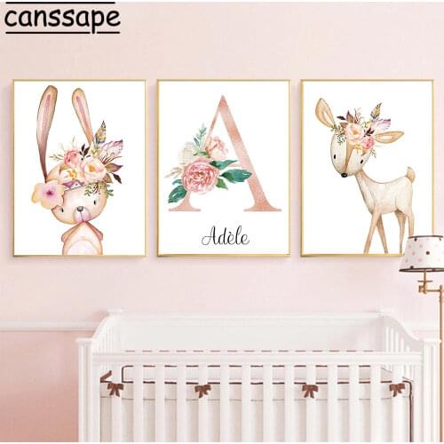 Nursery Wall Print Custom Name Canvas Painting Fox Deer Art Prints Rabbit Paintings Nordic Wall Posters Baby Bedroom Decor