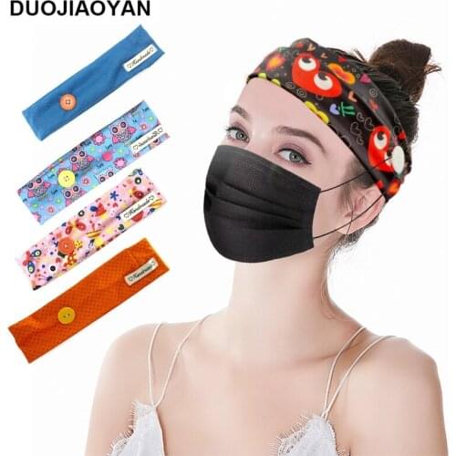 DUOJIAOYAN New Cartoon Print Headband With Button Mask Women Hair Accessories Female Fitness Hairband