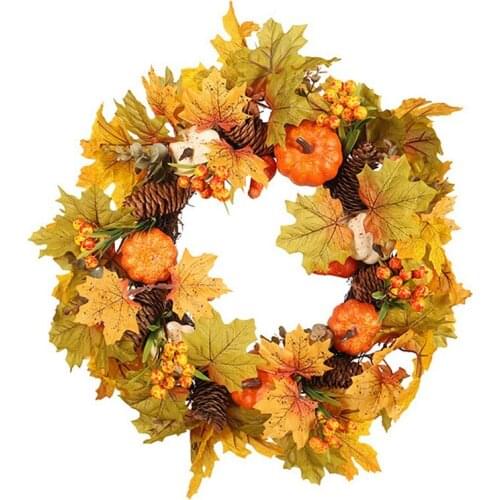 Artificial Fall Wreath, Autumn Wreath With Maple Leaves Pumpkin Pine Cone And Berries, For Front Door Thanksgiving Decor