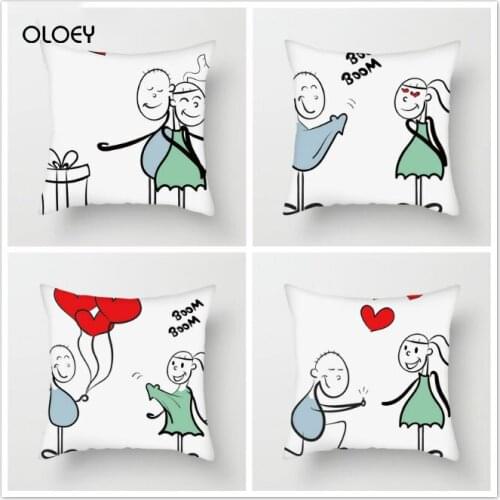 Cartoon Couple Print Square Polyester Cushion Cover Home Bedroom Hotel Car Decoration Cushion Cover Soft and Comfortable 45x45cm